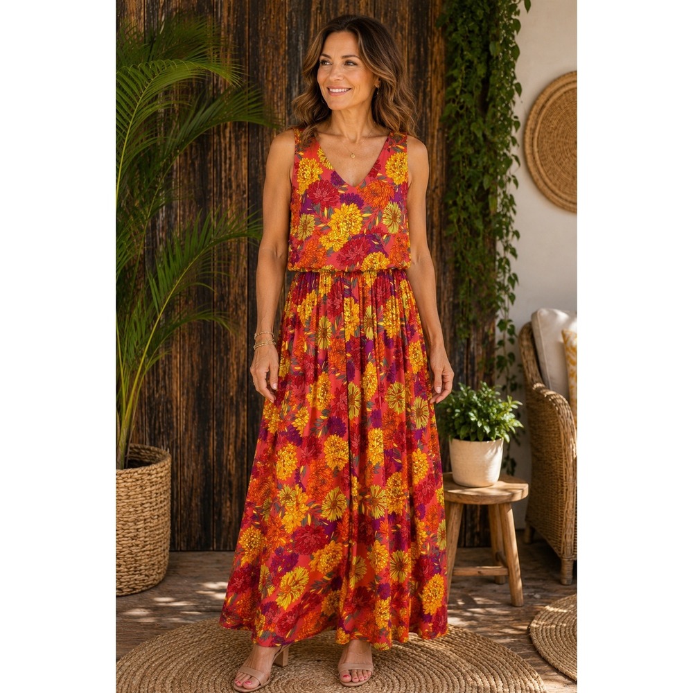 Tabitha Webb Dress Womens Large Orange Yellow Floral Maxi V Neck Sleeveless NWT